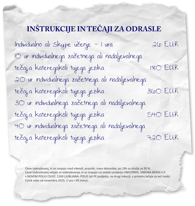 Cenik inštrukcij in tečajev za odrasle