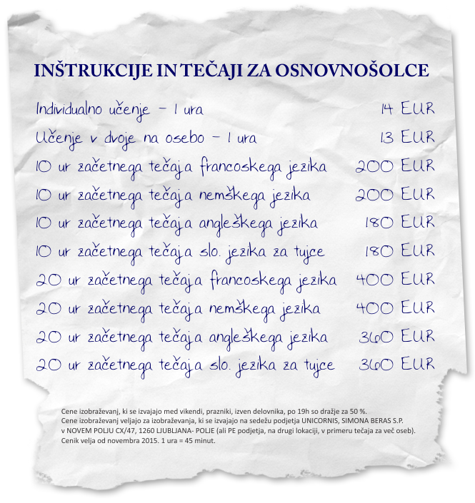 Cenik inštrukcij in tečajev za osnovnošolce