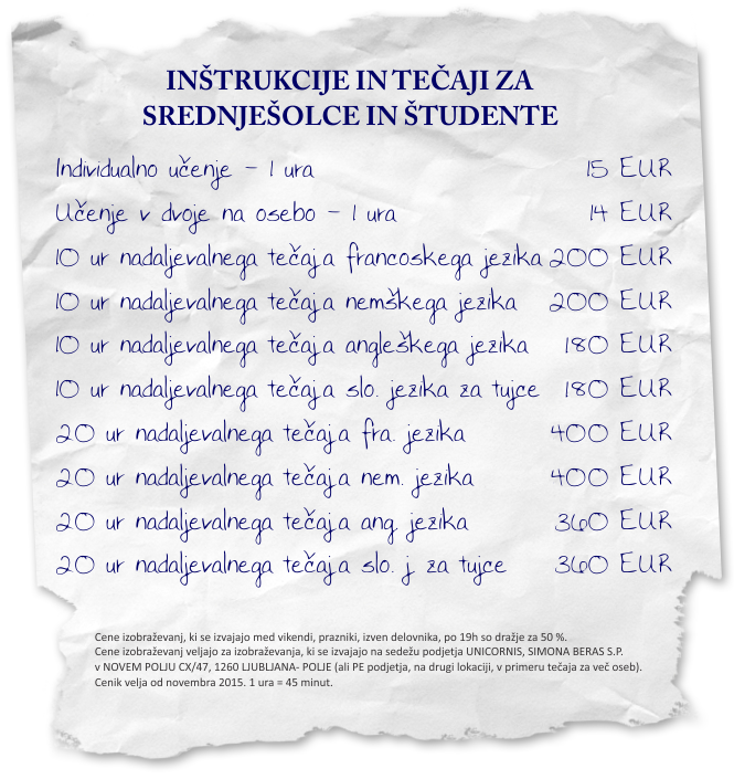 Cenik inštrukcij in tečajev za dijake in študente